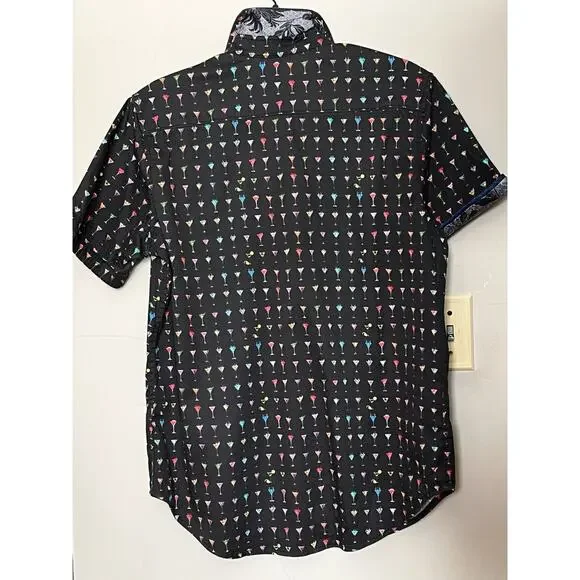 ROBERT GRAHAM BLACK NEON MARTINI PRINT S/S STRETCH SHIRT ROLL CUFF SZ S